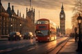Red Buses in City Street with Clock Tower Big Ben Background in London in the Afternoon Royalty Free Stock Photo