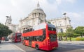 Red Buses in the streets London - typical street view - LONDON, ENGLAND - SEPTEMBER 14, 2016