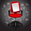 Red business chair with notice paper sheet on hand drawn business icons background Royalty Free Stock Photo