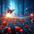 Red butterflies flutter over glowing poppies in a mystical, dark forest, generative ai