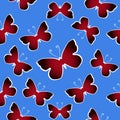 Red butterflies over blue sky. Seamles vector pattern.