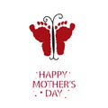 Red butterfly with baby foot prints. Happy Mother`s Day greeting card. Coming soon baby. Baby gender reveal symbol. Girl, boy, twi Royalty Free Stock Photo