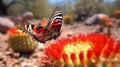 Red Butterfly on Flowering Cactus Royalty Free Stock Photo