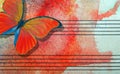 Red butterfly and notes. Butterfly melody. Photo of old music sheet in red watercolor paint. Abstract watercolor background.