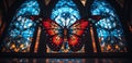 A red butterfly sitting in front of a stained glass window. Generative AI image. Royalty Free Stock Photo