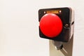 Red button. Big red button on wall. The Production emergency button pushing. Red emergency shutdown button