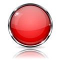 Red button with chrome frame. Round glass shiny 3d icon Royalty Free Stock Photo