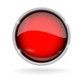 Red button with chrome frame. Round glass shiny 3d icon
