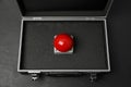 Red button of nuclear weapon in suitcase on black background, above view. War concept