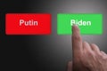 Red button with Putin writing and green button with Biden writing concept for Relations between United States and Russia always