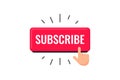 Red button subscribe with hand cursor click. Subscribtion to blogger social media channel. Blogging or streaming share