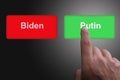 Red button with the word Biden and green button with the word Putin concept for Relations between the United States and Russia