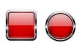 Red buttons with chrome frame. Round and square glass shiny 3d icons Royalty Free Stock Photo