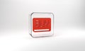 Red Buy button icon isolated on grey background. Financial and stock investment market concept. Glass square button. 3d Royalty Free Stock Photo