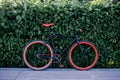 Red bycicle parked near bushes in park Royalty Free Stock Photo