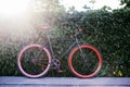Red bycicle parked near bushes in park Royalty Free Stock Photo
