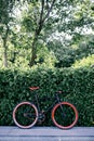 Red bycicle parked near bushes in park Royalty Free Stock Photo