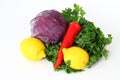 red cabbage, carrot, lemon, pepper, parsley isolated on white background. Royalty Free Stock Photo