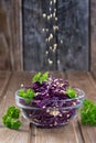 Red cabbage salad with parsley sprinkled with nuts, wooden background Royalty Free Stock Photo