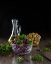 Red cabbage salad and green olives. Health diet Royalty Free Stock Photo