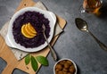Red cabbage stew cooked with oranges in white plate and glaced chetnuts Royalty Free Stock Photo