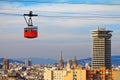 Red cabin of cableway stands out on the skyline of Barcelona