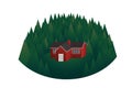 Red cabin in green woods, modern hand drawn vector in flat style. Travel and wanderlust, exploring Norway. Wooden cottage among