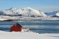 Red cabin on Nappfjord side Royalty Free Stock Photo