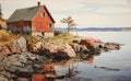 Red Cabin perched on a rocky shore bordering a calm harbor Royalty Free Stock Photo