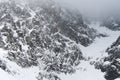 The red cable car cabin on Lomnicky Stit and white cloud in the winter High Tatras mountains, Slovakia