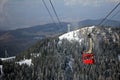 Red cable car over the forest covered with snow