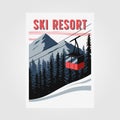 Red cable car ski resort poster vintage vector illustration design, snow and red gondola illustration Royalty Free Stock Photo