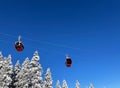 Red cable car and snow covered pine trees against blue sky in winter ski resort Golm, Montafon, Austria. Royalty Free Stock Photo