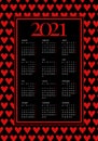 Red 2021 Calendar with Hearts