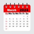 red calendar leaf spring. March 2024 calendar. Calendar sheet with days of the week. Vector illustration.