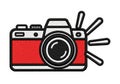 Red camera with broken flash and lens cap Royalty Free Stock Photo