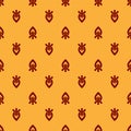 Red Campfire icon isolated seamless pattern on brown background. Burning bonfire with wood. Vector Illustration. Royalty Free Stock Photo