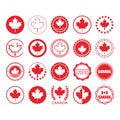 Red Canada flag and maple leaf sign circle emblems and stamps set on white