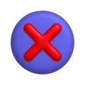 Red cancel cross mark icon on round purple button. 3d realistic design element