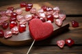 Red candies with heart shaped toppings create a charming scene on wood