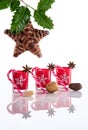 Red candle holders with crystal snowflakes, sugar canes, anise stars, nuts, holy and pine cone star isolated on reflective white