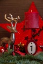 Red candle and traditional Christmas decoration for the first Advent. Royalty Free Stock Photo