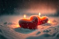 red candles heart on snow, abstract blurred natural background. beautiful winter landscape. Generative AI