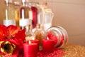 Red candles and oils still life Royalty Free Stock Photo