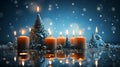 Red candles, ornaments, Christmas trees on glittering sky , snow frosts background, Christmas and winter, season greeting concept Royalty Free Stock Photo