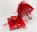 Red candy box with beautiful floristics umbrella, valentines day gift