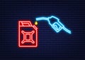 Red canister. Fueling gasoline or diesel vector web banner. Filling stations network, petroleum. Neon icon. Vector stock