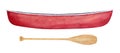 Red canoe and light brown paddle watercolor illustration set.