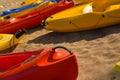 Red canoe nose on sandy beach