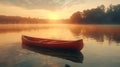 Serene sunrise over a calm lake with a solitary red canoe. idyllic nature scene, perfect for tranquil moments. outdoor Royalty Free Stock Photo